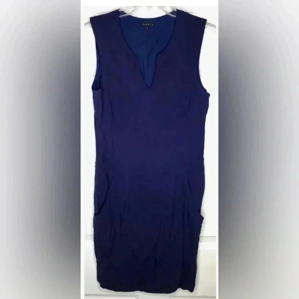 Woman THEORY Blue Adalize Habitat Notch V-Neck Pocket Shift Dress Sz 6 EUC